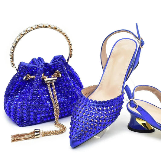 Italian Shoes with Matching Bags Set Decorated with Rhinestone