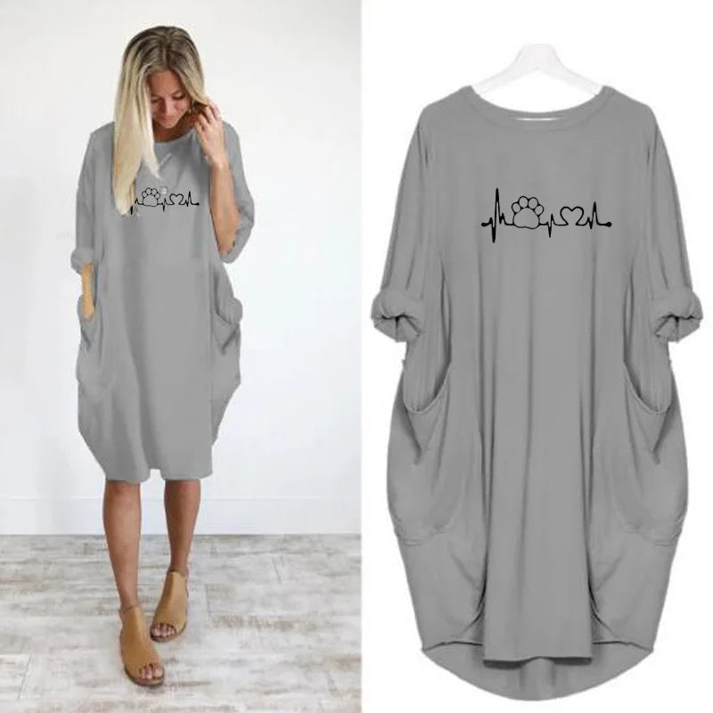 Plus Size Dress Autumn  Winter Casual Round Neck Solid Color Long Sleeve Pocket  Pullove Dress