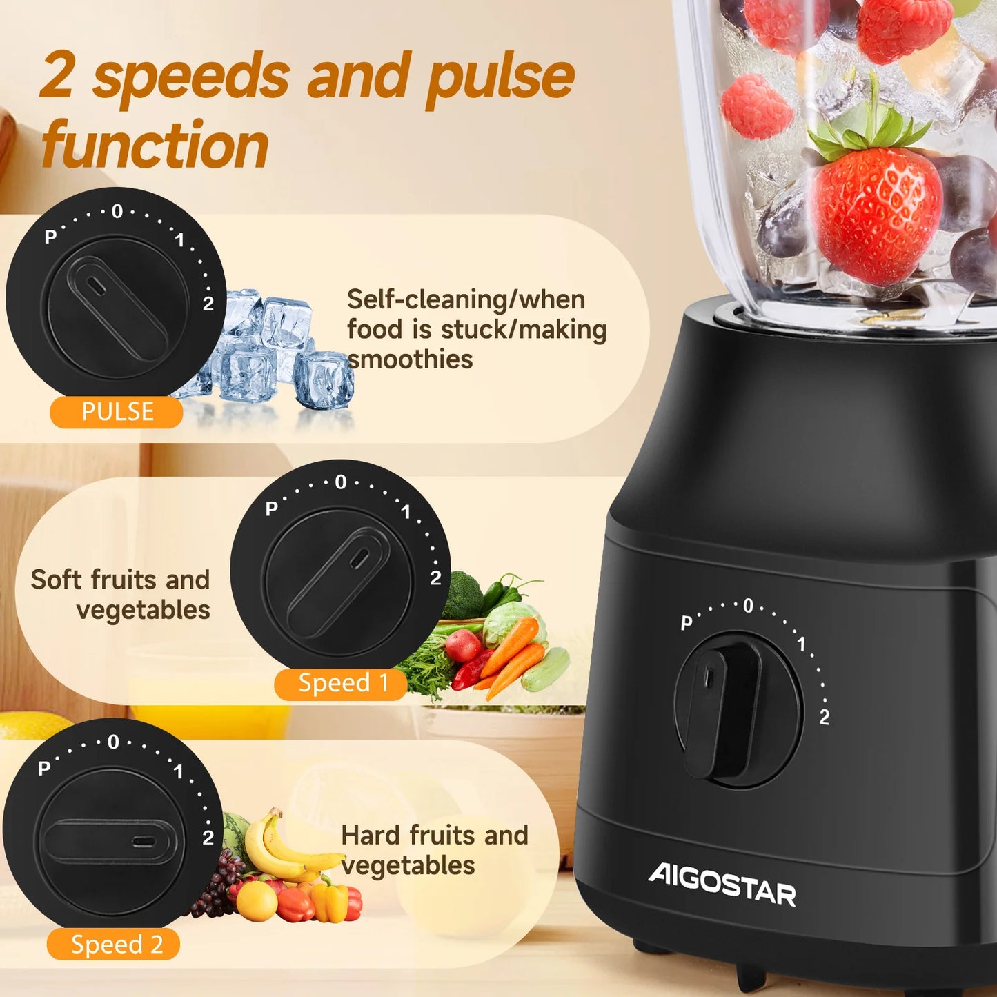 600W, 1.5L, 4-Blade Blender with Titanium Coating, 2 Speeds and Pulse, Ice Crusher, Autoclean Function