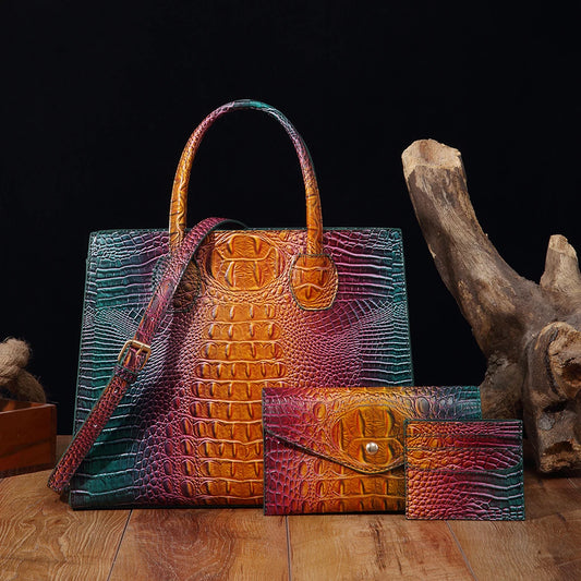 3 set Crocodile Pattern Handbag & Purses Set, Multi-functional Vintage Top Handle Crossbody Bag & Business Clutch Bag