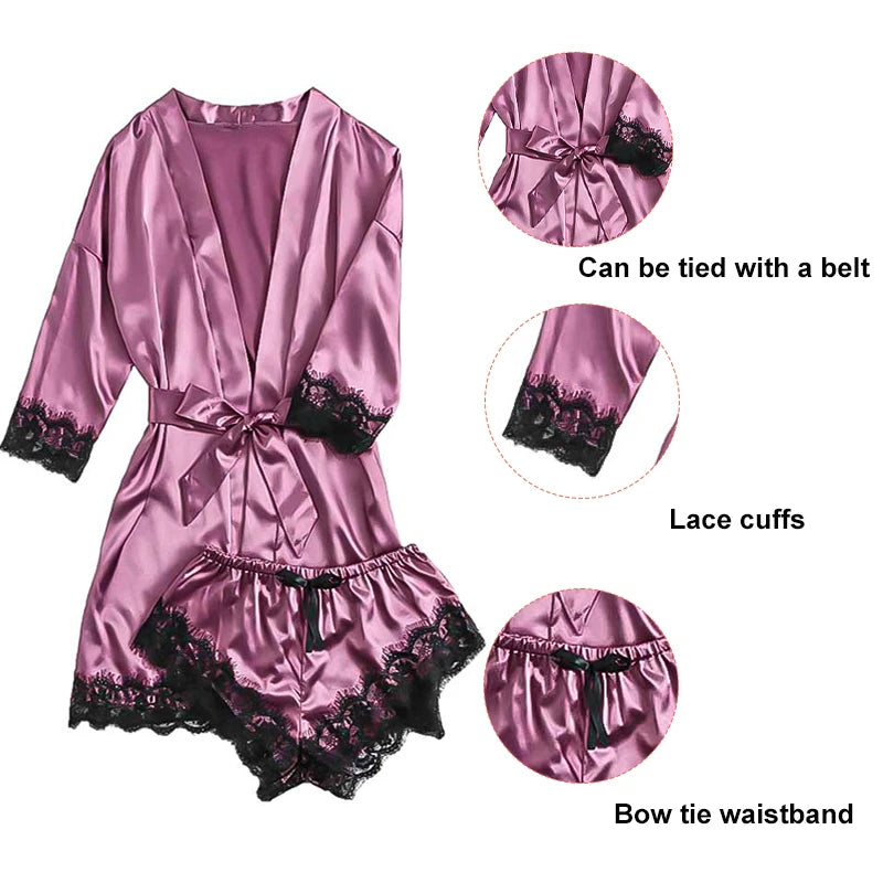4 Pieces Lace Satin With Silk Sleepwear Robe Comfortable Nightwear