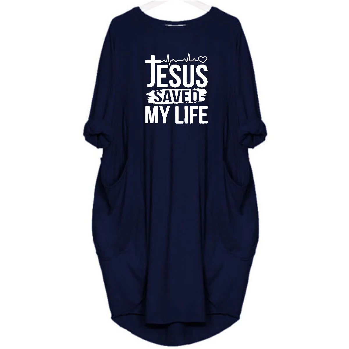 JESUS SAVED MYLIFE Print Round Neck Long Sleeve Pocket Comfortable Dress