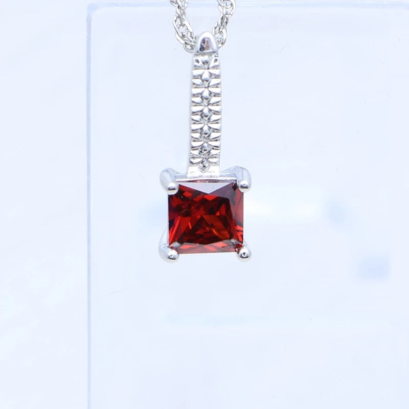 Woman Earrings Ring Pendant Necklace silver Jewelry Square Garnet Red Stone 3Set