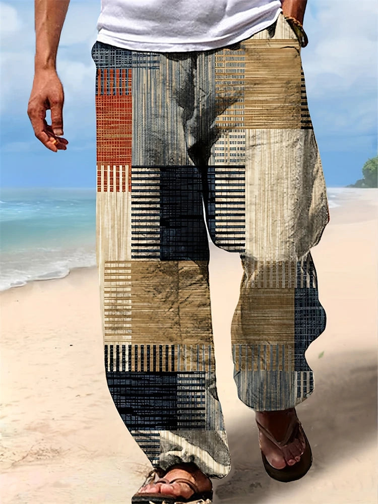 Summer Oversized New Men's Bohemian Wide Leg Pants 3D Retro Splicing Printed Loose Casual Beach Pants