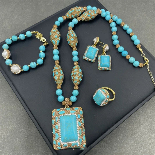 Turkish Natural Blue Gemstone Rhinestone Crystal Necklace Ring Earring Set
