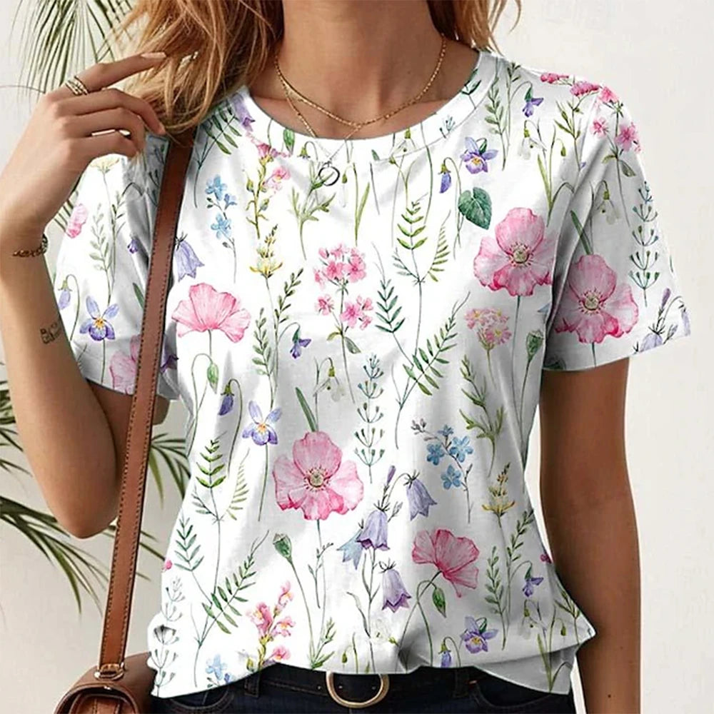 Short Sleeve T-Shirts 3d Flower Print Round Neck