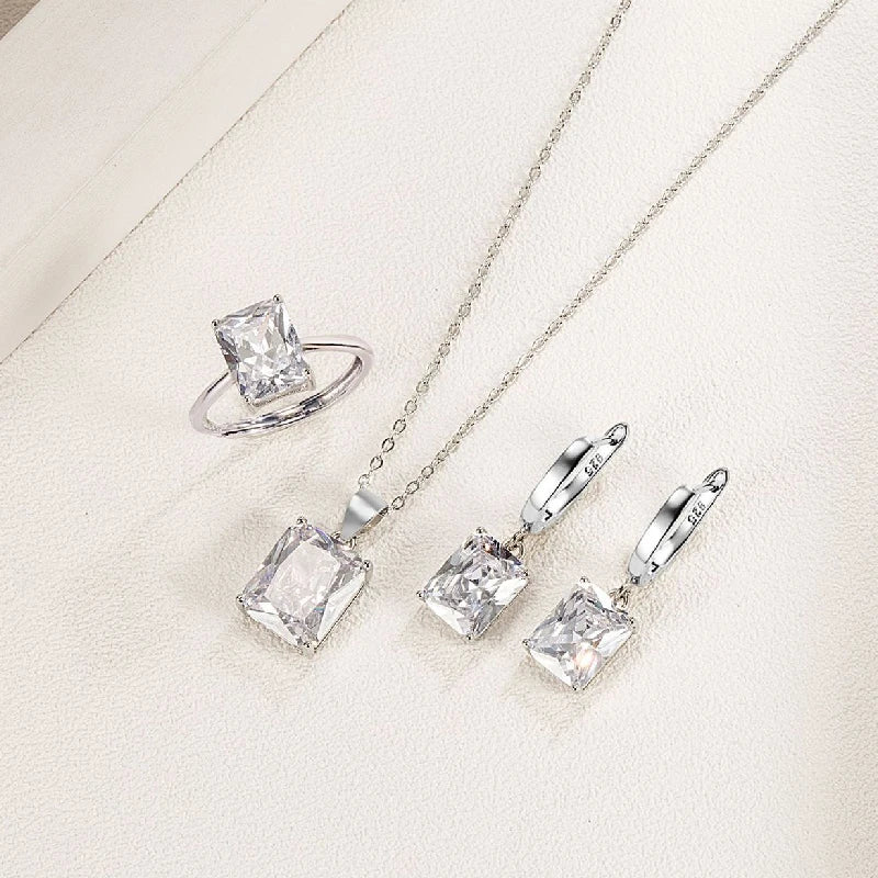 Jewelry Set Earrings Ring Pendant Necklace Rectangle Shape Zircon 925 Silver Accessories for Women Wedding Party Gifts