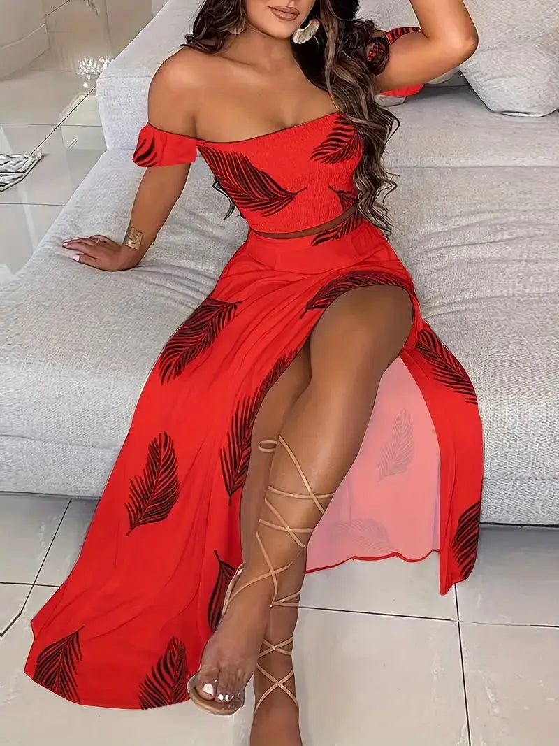 Bohemian Two-piece Set Women's Off-shoulder Elastic Solid Color Vest With feather Print High Waist Slit Skirt Set