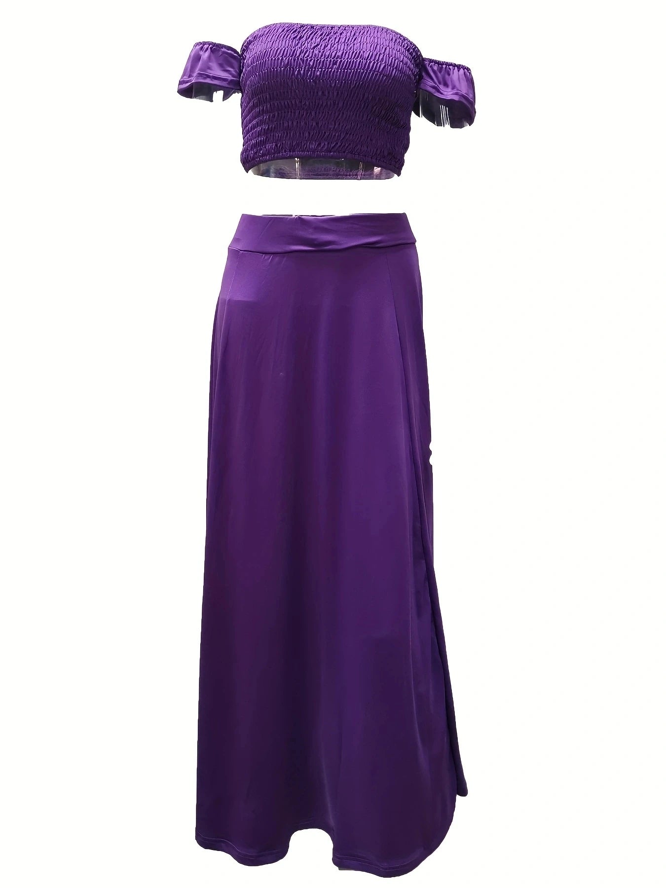 Bohemian Two-piece Set Women's Off-shoulder Elastic Solid Color Vest With feather Print High Waist Slit Skirt Set