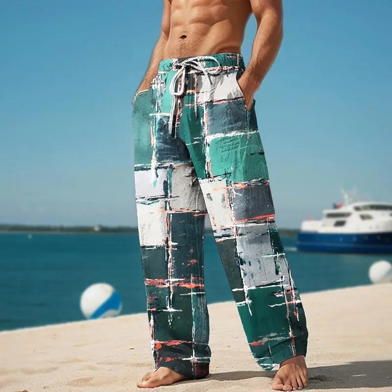 Men's Plaid Color Block Trousers Baggy Pants Mid Waist Elastic Streetwear