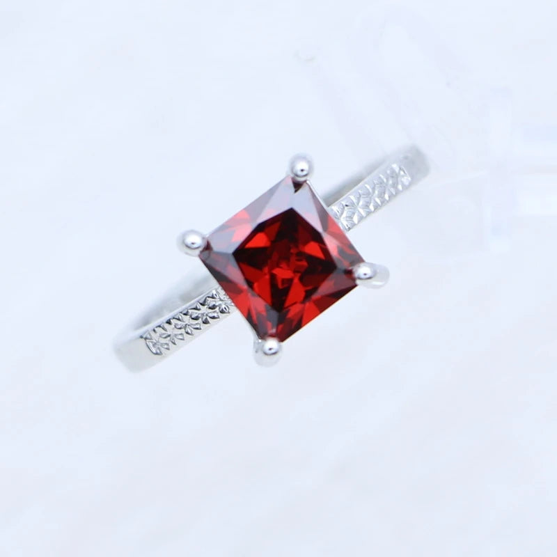 Woman Earrings Ring Pendant Necklace silver Jewelry Square Garnet Red Stone 3Set