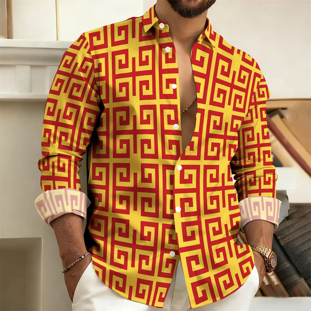Long-Sleeved Polo Shirt, Vintage Print Style with Greek Key Pattern