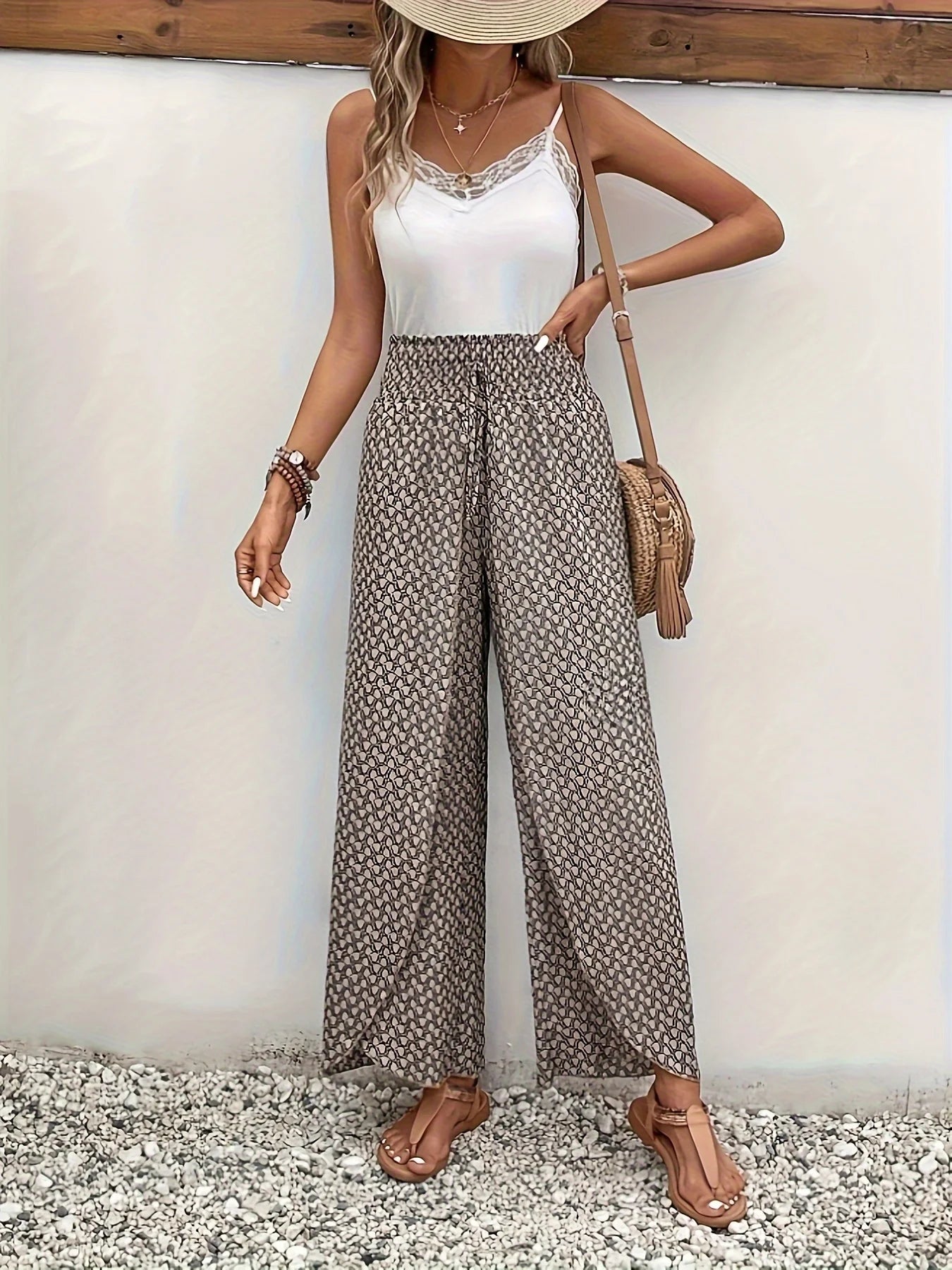 Spring Summer Women Elegant Wide Legs Pants Casual Vacation Beach Print Trousers