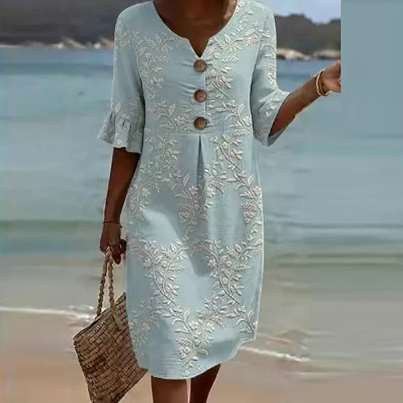 Elegant V Neck Half Sleeve Button Midi Holiday Dress