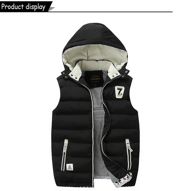 Sleeveless Warm Detachable Hooded Vest Jackets For MenSolid Color Outdoors Windproof