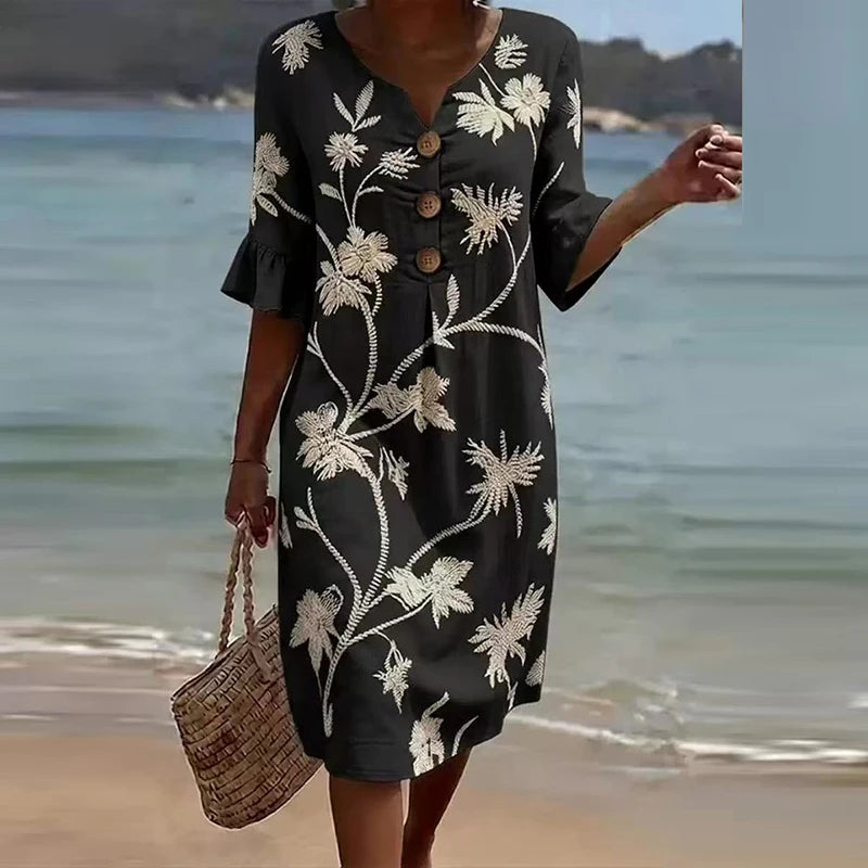 Elegant V Neck Half Sleeve Button Midi Holiday Dress