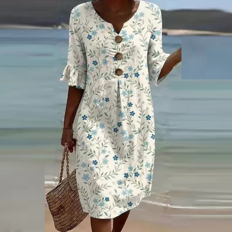Elegant V Neck Half Sleeve Button Midi Holiday Dress