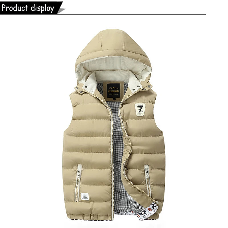 Sleeveless Warm Detachable Hooded Vest Jackets For MenSolid Color Outdoors Windproof