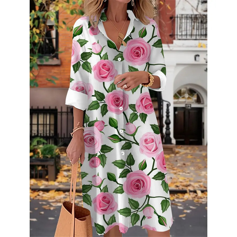 Printed V Neck Long Sleeves Button Sexy  Beach and Party Dress