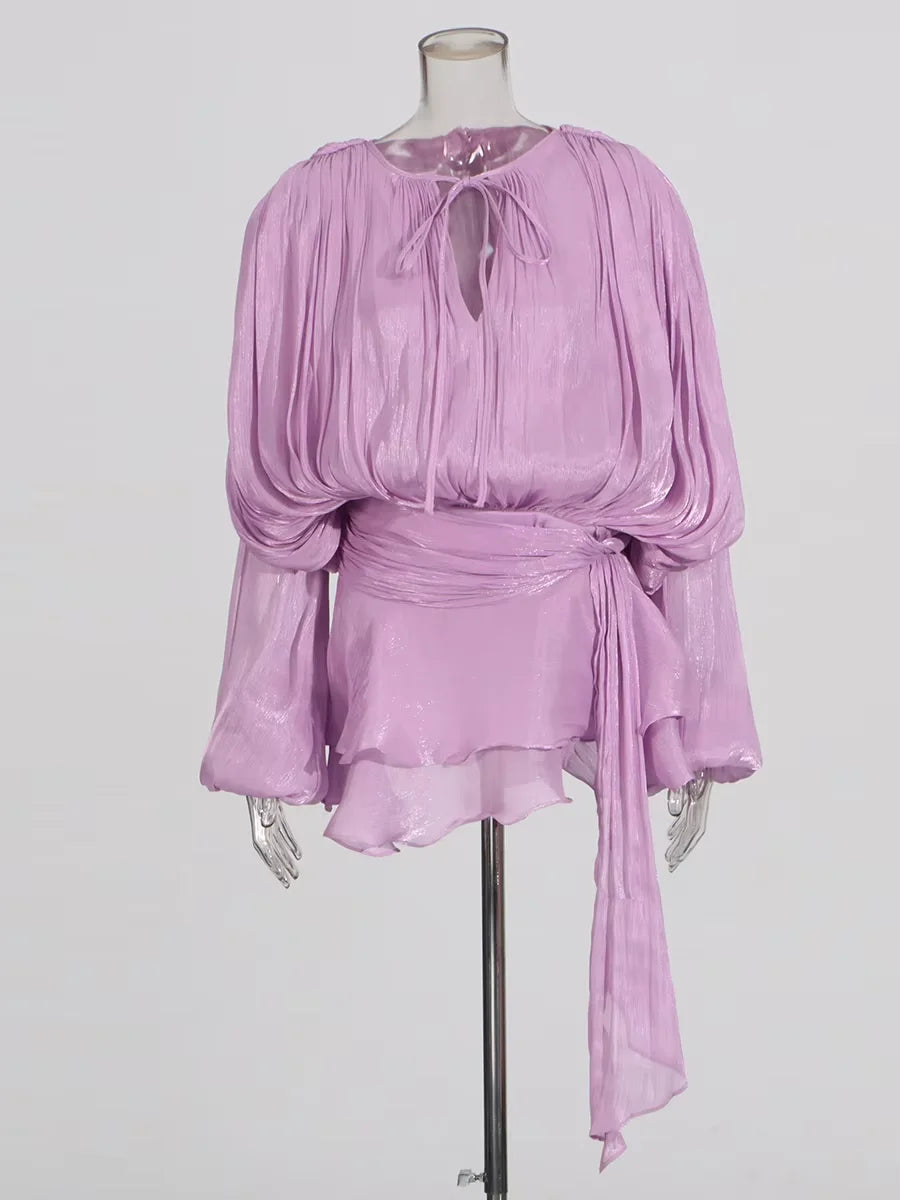Solid Blouse Mini  V Neck Long Sleeve Spliced Lace Up Sweet Style Dress