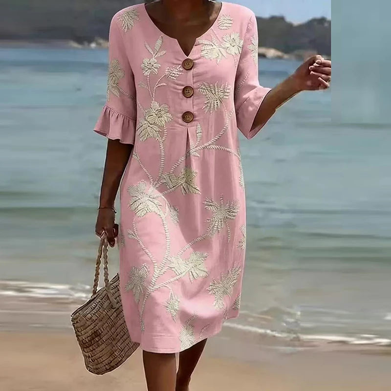 Elegant V Neck Half Sleeve Button Midi Holiday Dress