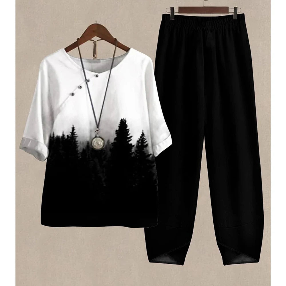 Summer 2 Piece Set Sleeve Shirt Top High Waist Pant