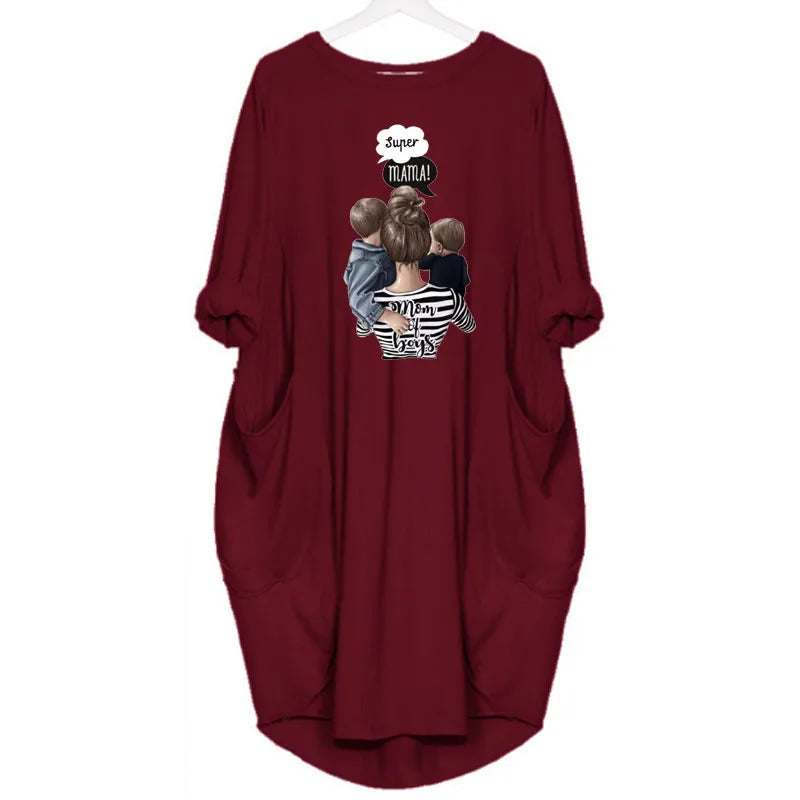 Plus Size Dress Autumn  Winter Casual Round Neck Solid Color Long Sleeve Pocket  Pullove Dress