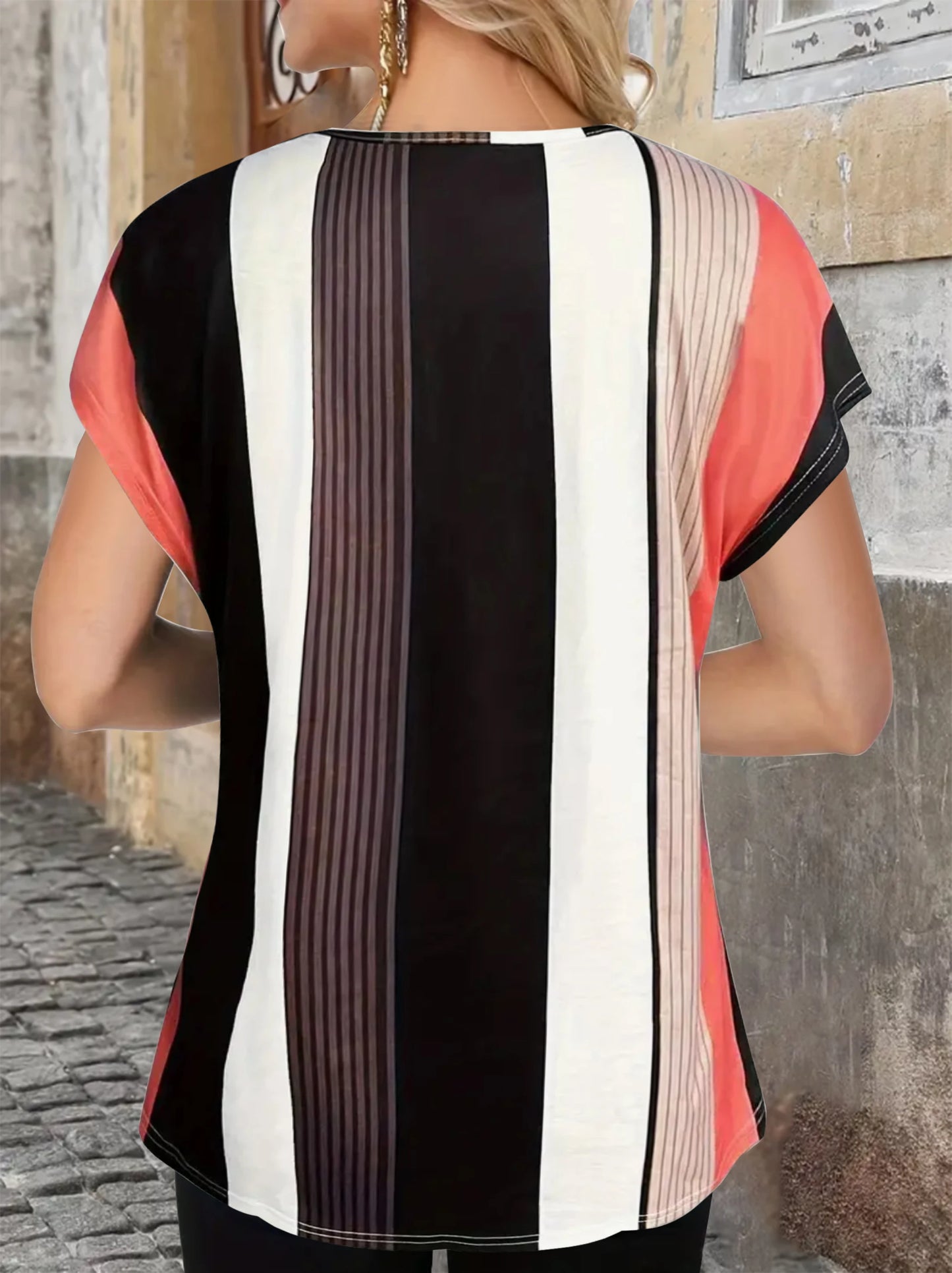 V-Neck Striped T-Shirt - Spring Summer Casual Elegant Blouse Top