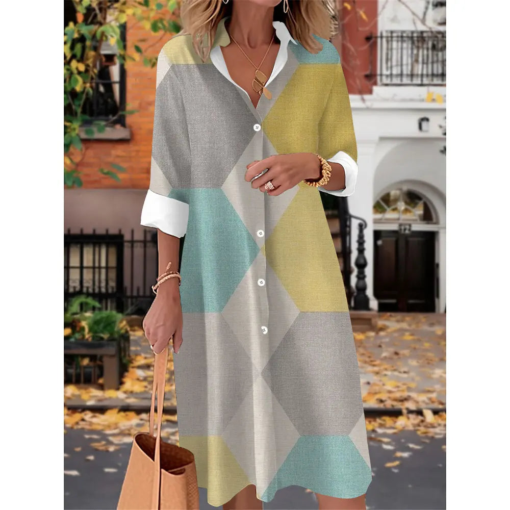 Printed V Neck Long Sleeves Button Sexy  Beach and Party Dress