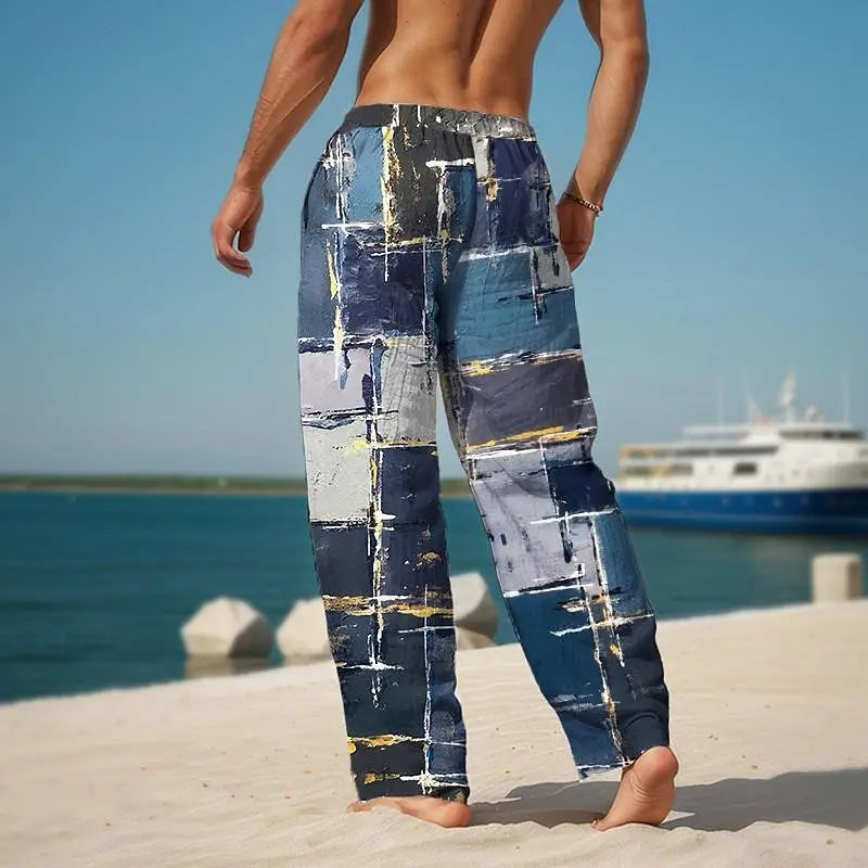 Men's Plaid Color Block Trousers Baggy Pants Mid Waist Elastic Streetwear