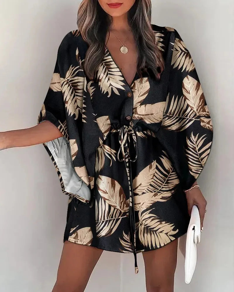Summe New Floral Print Bat Half-Sleeve V-Neck