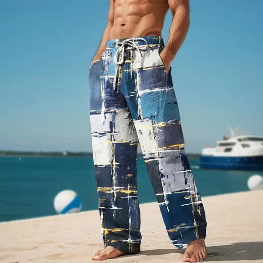 Men's Plaid Color Block Trousers Baggy Pants Mid Waist Elastic Streetwear