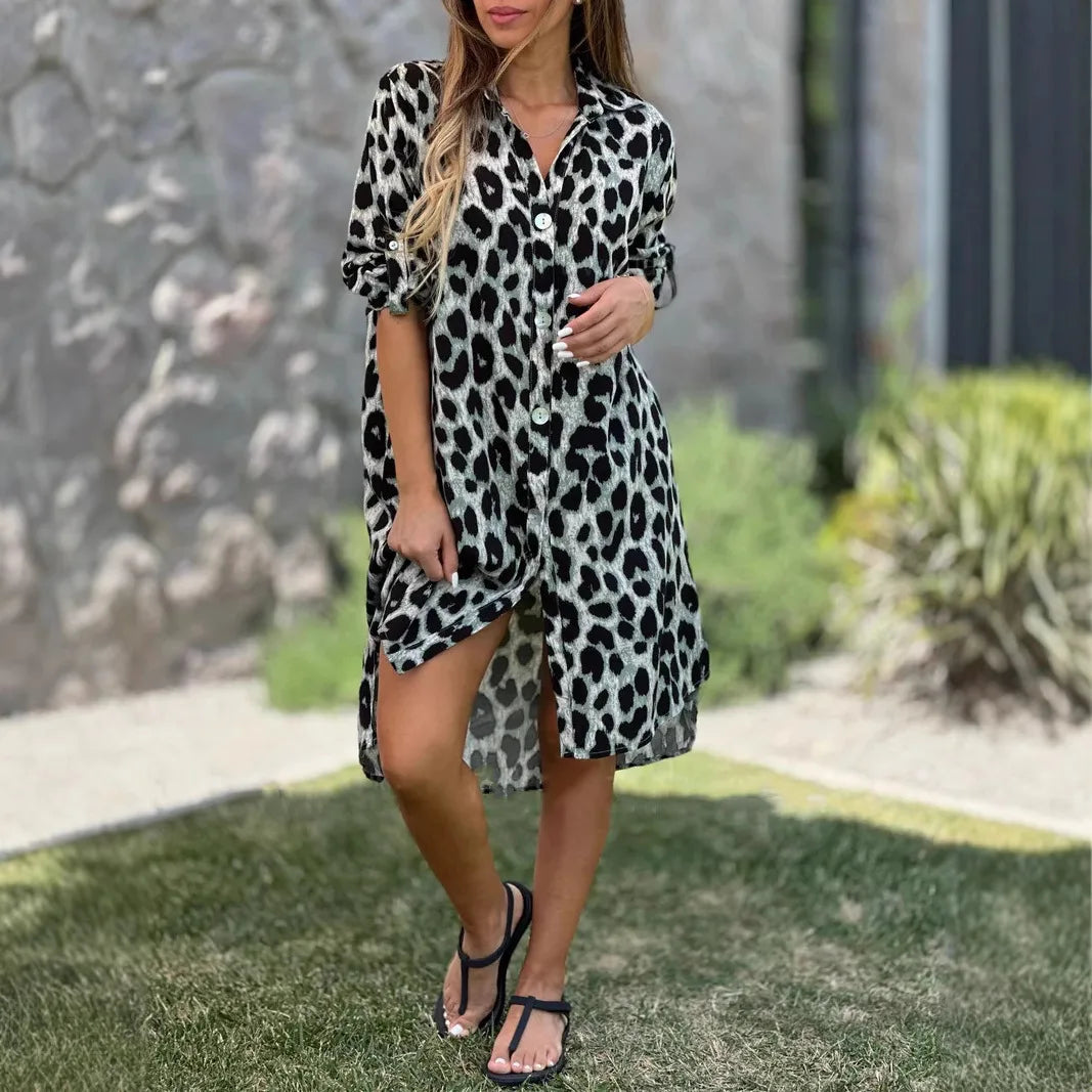 Leopard Print Shirt Dress Herbst Kleider Vestido Femininos