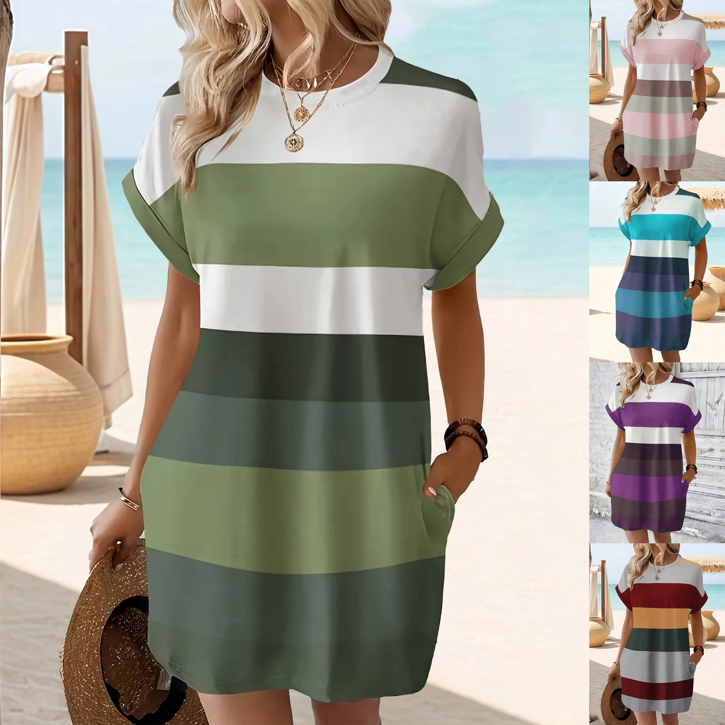 Elegant Stripes, Roll-Up Sleeves, Pockets - Comfortable & Casual Women's Dress