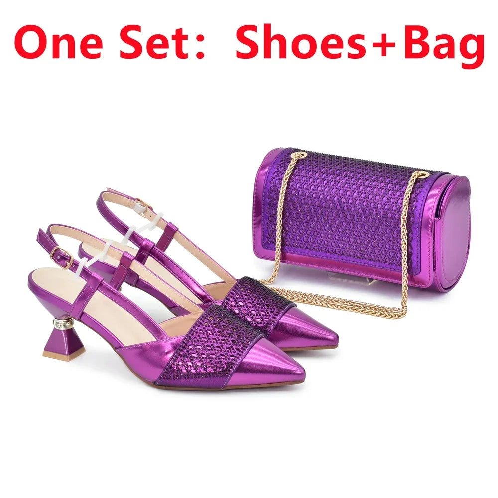 New Arrival Women Italian Shoes and Matching Bags Sets Decorated
