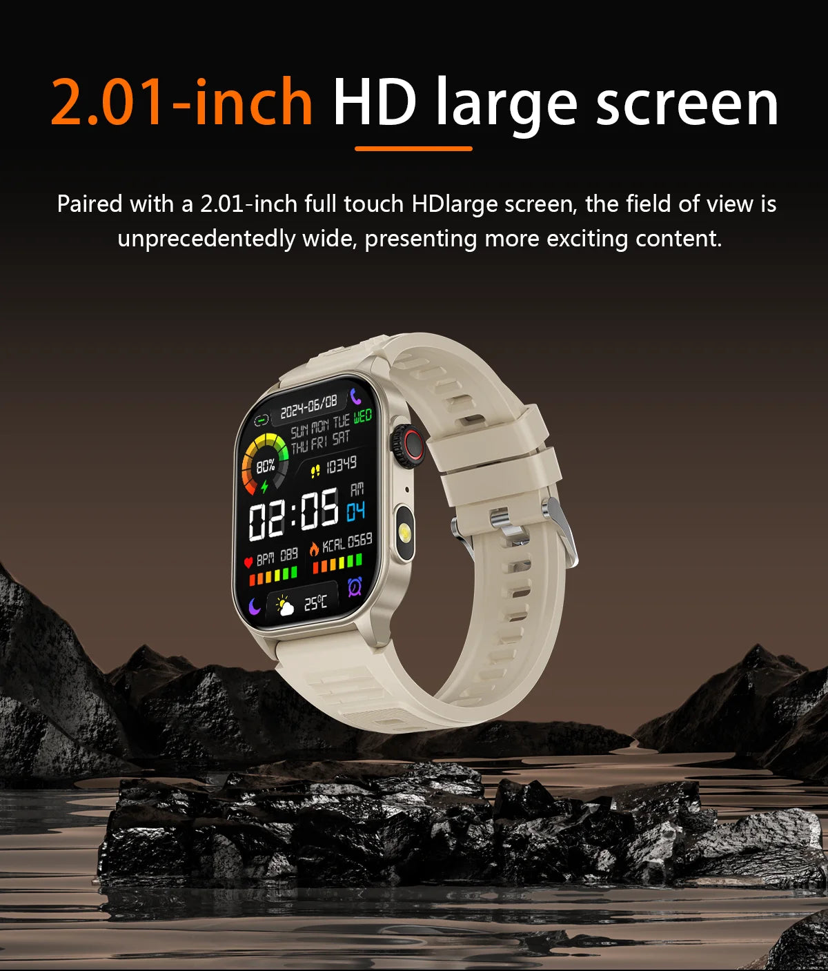 Unisex Smart Watch Flashlight 2.01" HD Large Screen AI Voice Bluetooth Call Sport And Health Monitor