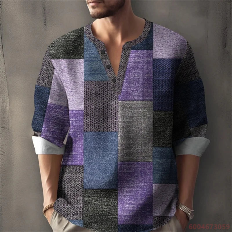 Long sleeved shirt for summer vacation, a color-blocked geometric print and Henley collar