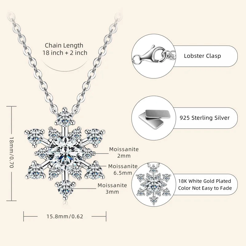Round Cut Moissanite Snowflake Pendant Silver Necklaces