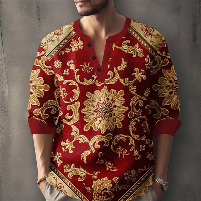Long sleeved shirt for summer vacation, a color-blocked geometric print and Henley collar