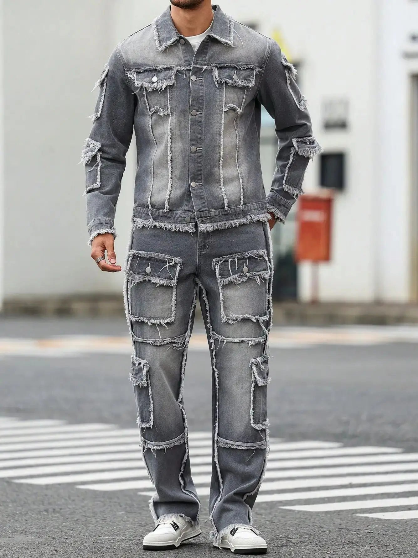 Men's Street Style Raw-Hem Grey Denim Set, a minimalist and fashionable two-piece