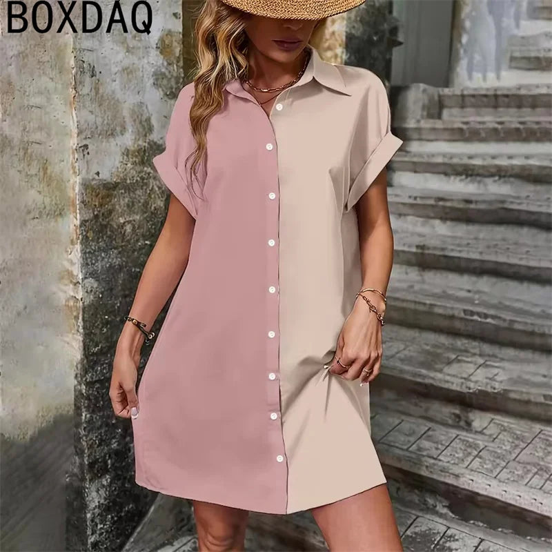 Two Tone Spliced Shirt for Summer Evening  Casual Dress
