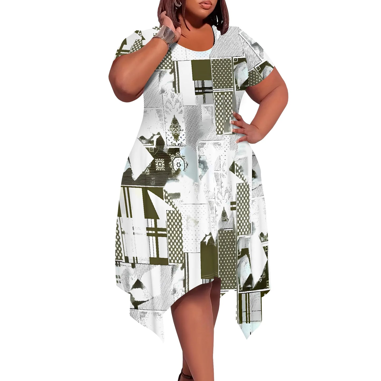 Eclectic Patchwork Abstract Round-Neck Short-Sleeve Dress