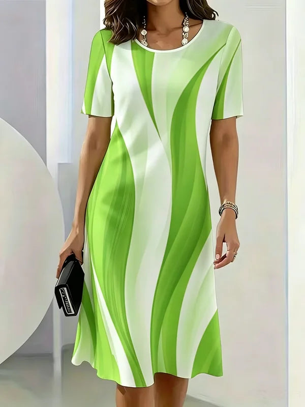 Gradient Striped Pattern Printed Short Sleeve O-Neck Dress