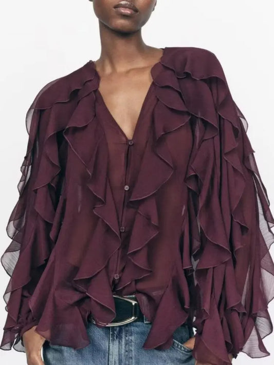 Loose Long Sleeve Layered Shirts Office Lady Vintage V-neck T