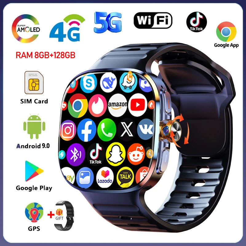 5G/4G Full Network Smart Watch 2.40 inch Big Screen HD Video Call 8GB+128GB RAM 2100mAh Google Play WIFI GPS Sim Card