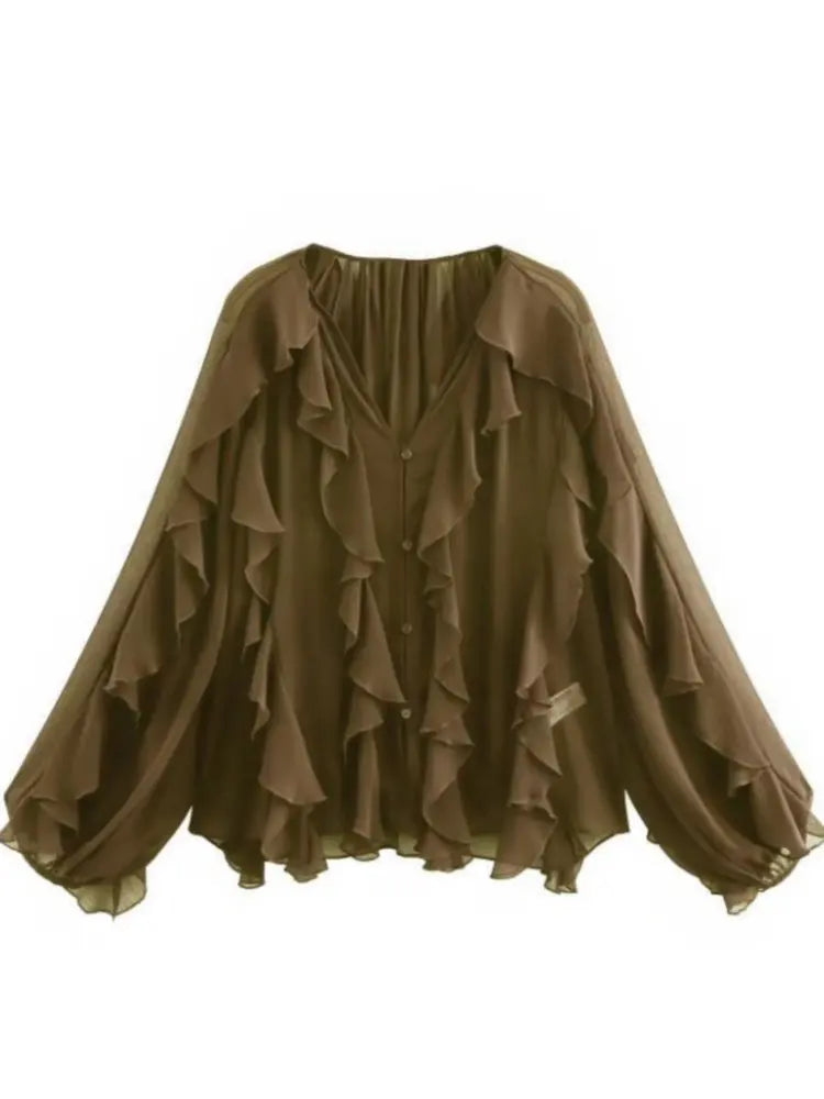 Loose Long Sleeve Layered Shirts Office Lady Vintage V-neck T
