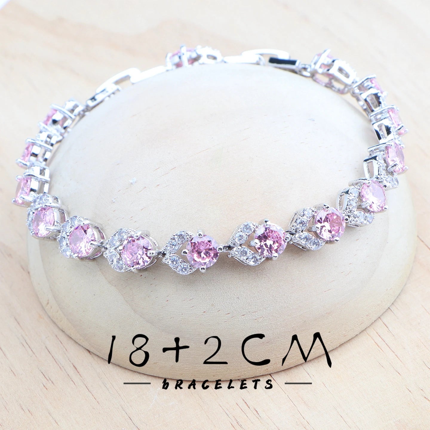 Round Pink Zircon Bridal Silver, Bracelets Earrings Rings Pendant Wedding Necklace 4Set