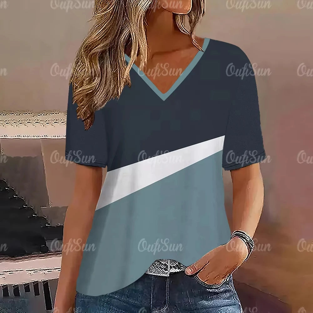 Blue V-Neck Short Sleeve Summer Tops Tees