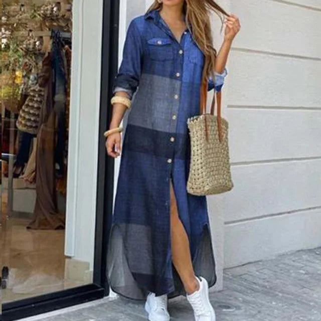 Long Sleeve  Pocket Button Print Shirts Dress