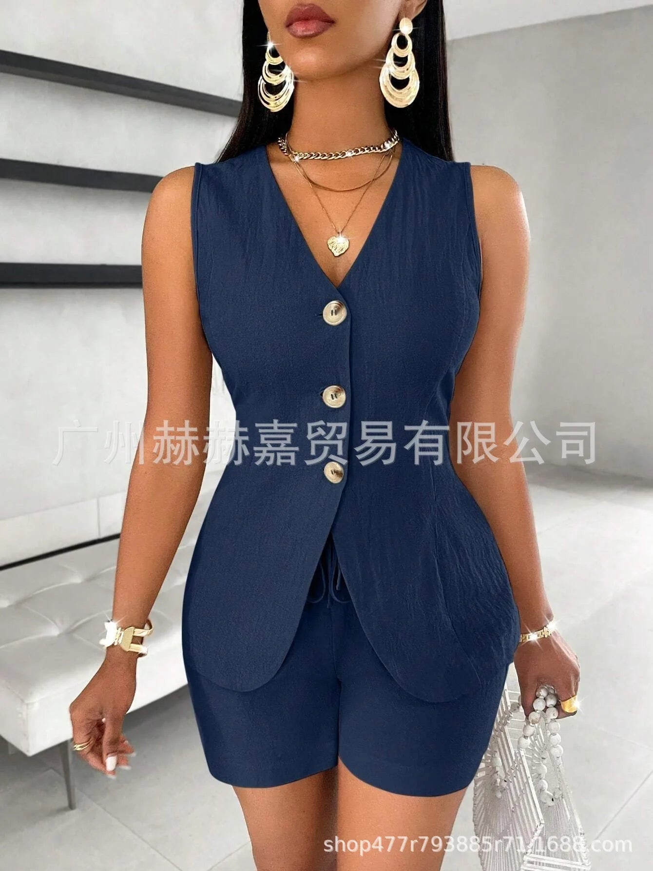 Cotton Linen Shorts Sets Solid Color V-Neck Slim Tops Office Lady Shorts Suits